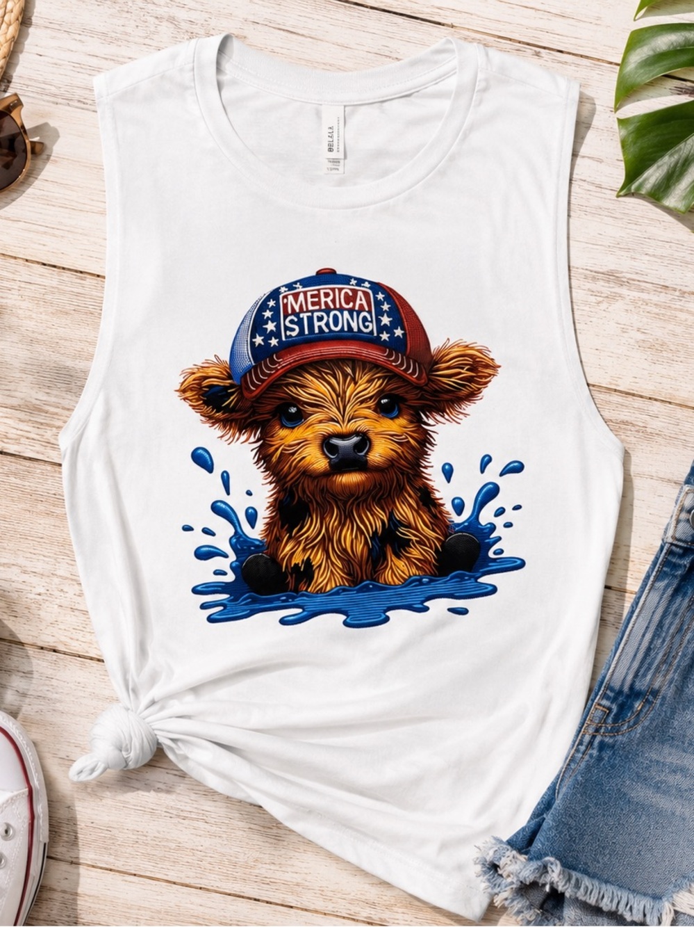 'Merica Strong Puppy Graphic Muscle Tank - White